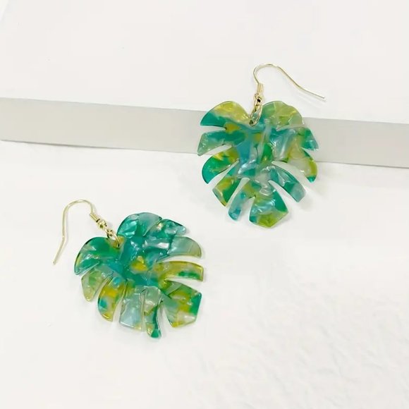 Green & Yellow Acetate Acrylic Monstera Leaf Tropical Palm Frond Dangle Earrings - Picture 3 of 6
